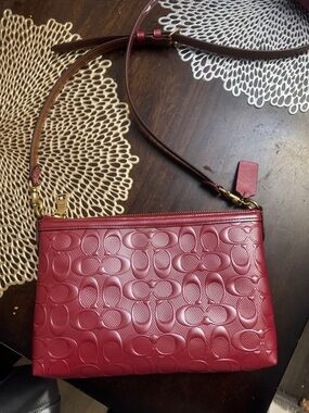 Coach Embossed Red Leather Crossbody Bag with Brown Strap